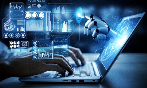 Artificial intelligence AI research of robot and cyborg development for future of people living. Digital data mining and machine learning technology design for computer brain communication. (Artificial intelligence AI research of robot and cyborg deve